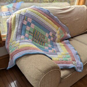 New hand crocheted afghan throw blanket soft beautiful pastel colors 37" x 42"